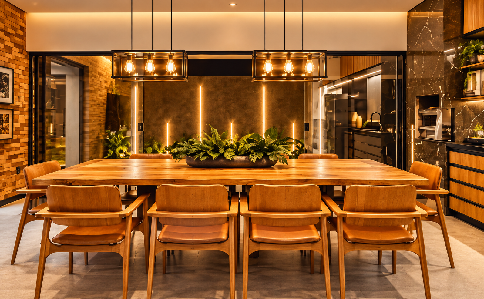 Sala de jantar planejada Paris com mesa em madeira e iluminação dourada